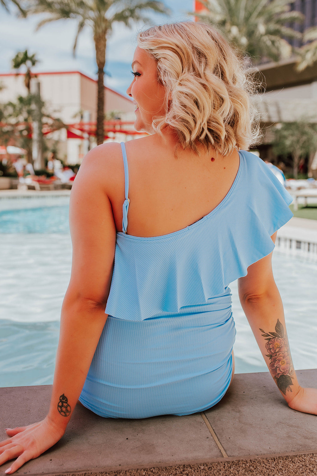 RUFFLE ONE SHOULDER ONE PIECE IN RIBBED COTTON CANDY BLUE BY PINK DESERT