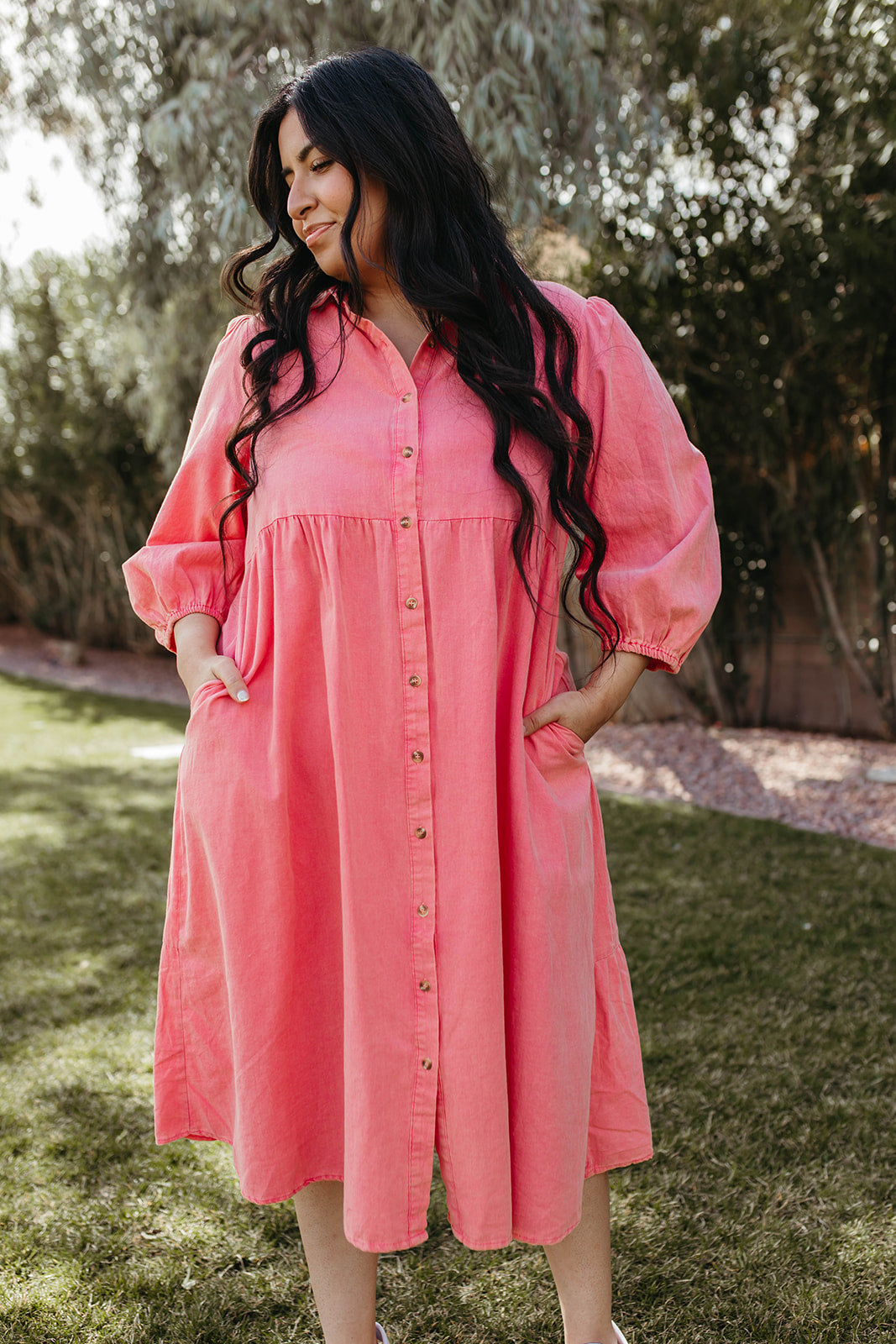 THE BODIE BUTTON UP MIDI DRESS IN PINK