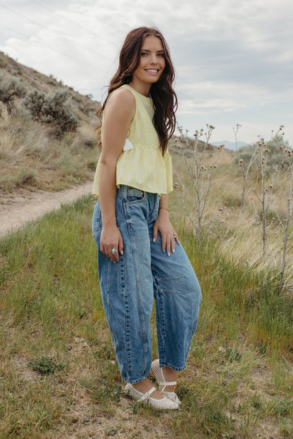 THE EVIE SKY MEADOW PEPLUM TOP IN YELLOW