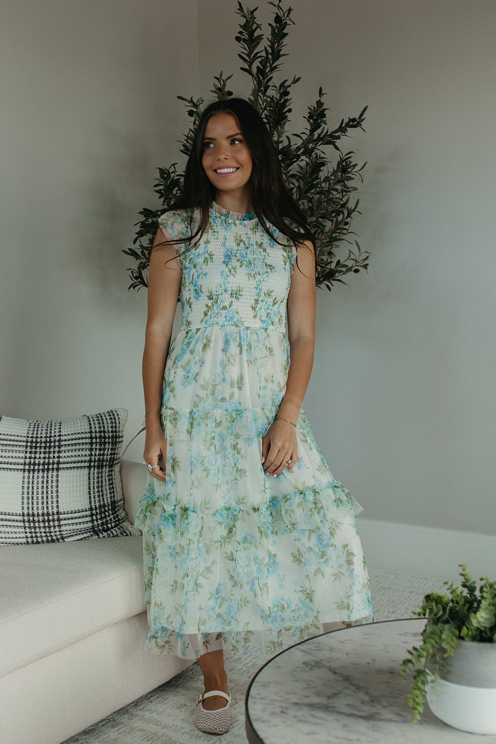 THE NYLA TULLE FLORAL SMOCKED MIDI DRESS