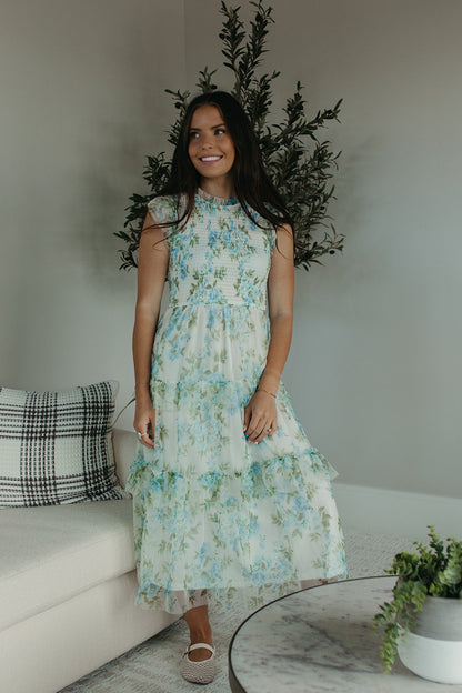 THE NYLA TULLE FLORAL SMOCKED MIDI DRESS