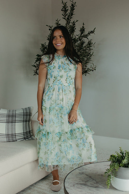 THE NYLA TULLE FLORAL SMOCKED MIDI DRESS