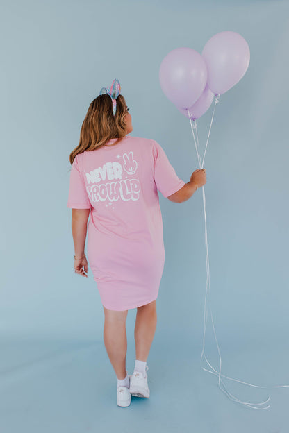 THE NEVER GROW UP T-SHIRT DRESS BY HAPPY THREADS X PINK DESERT IN PINK