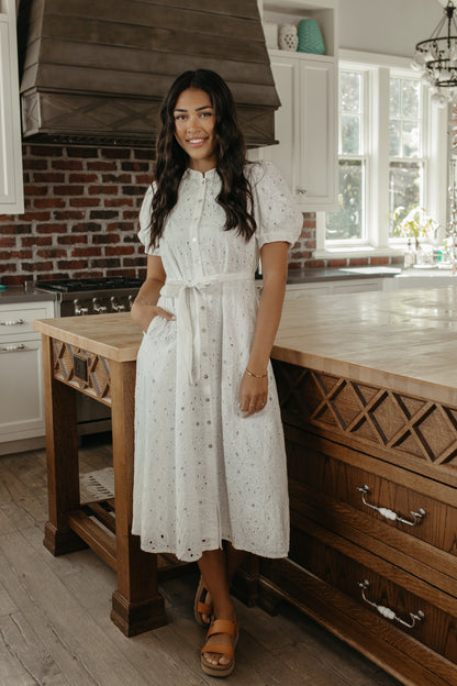 THE FAITH BUTTON DOWN EYELET MIDI DRESS