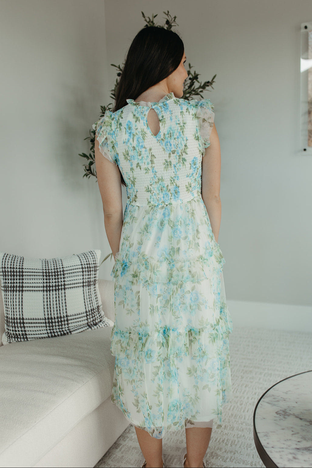 THE NYLA TULLE FLORAL SMOCKED MIDI DRESS