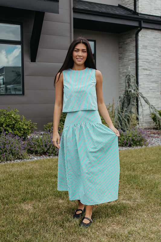 THE PRESLEY STRIPE MAXI SKIRT IN GREEN