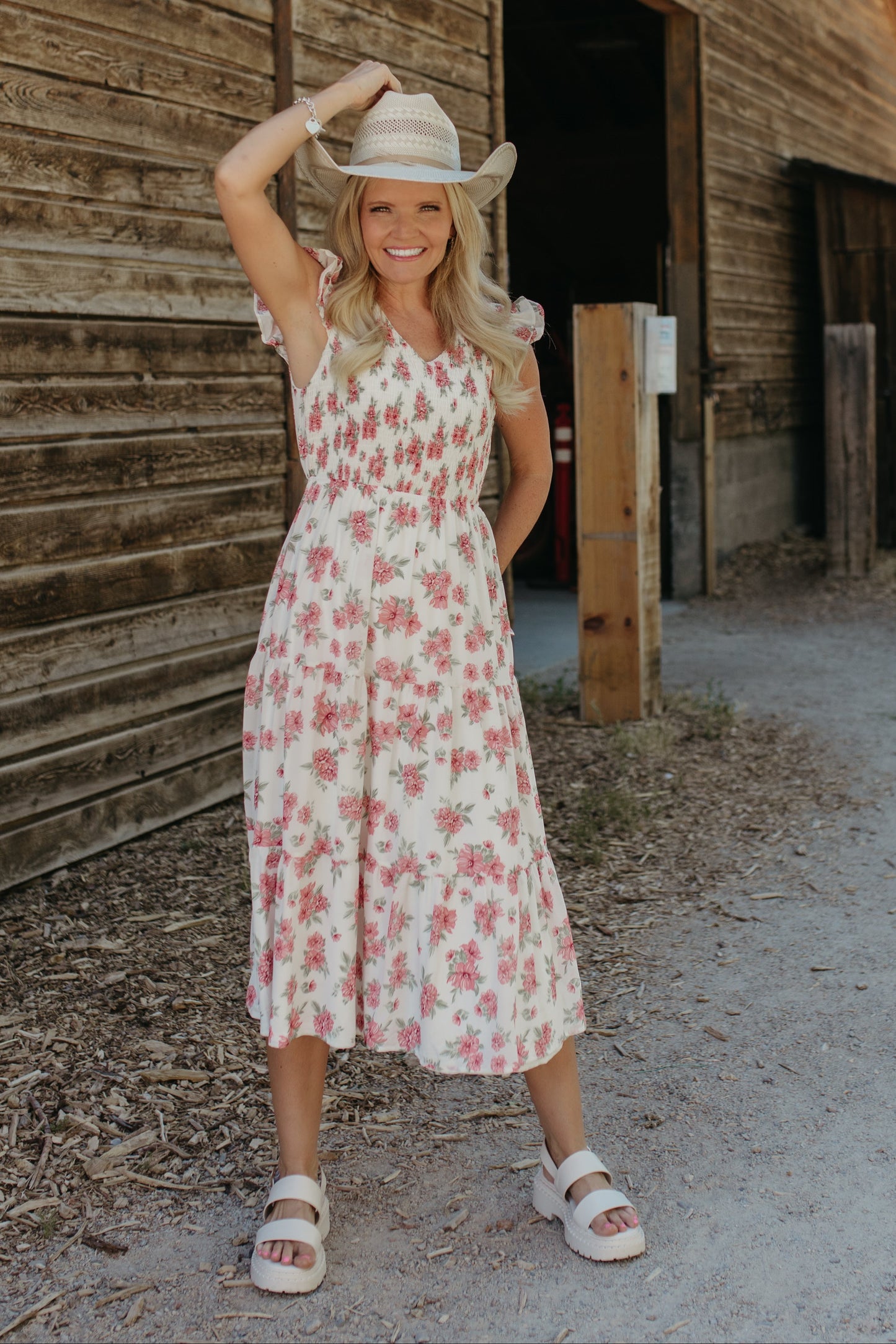 THE EMERIE FLORAL SMOCKED DRESS IN IVORY
