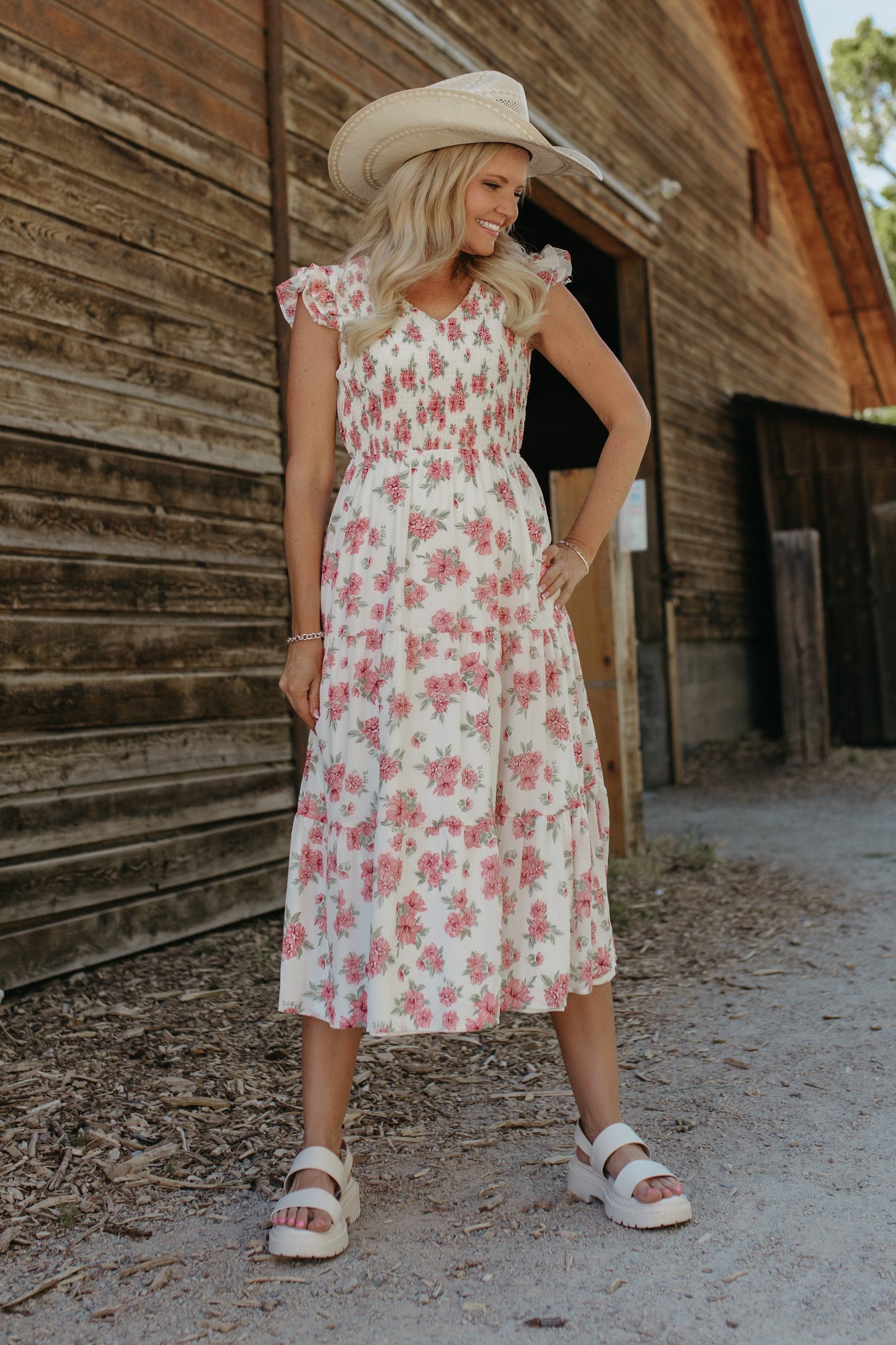 THE EMERIE FLORAL SMOCKED DRESS IN IVORY