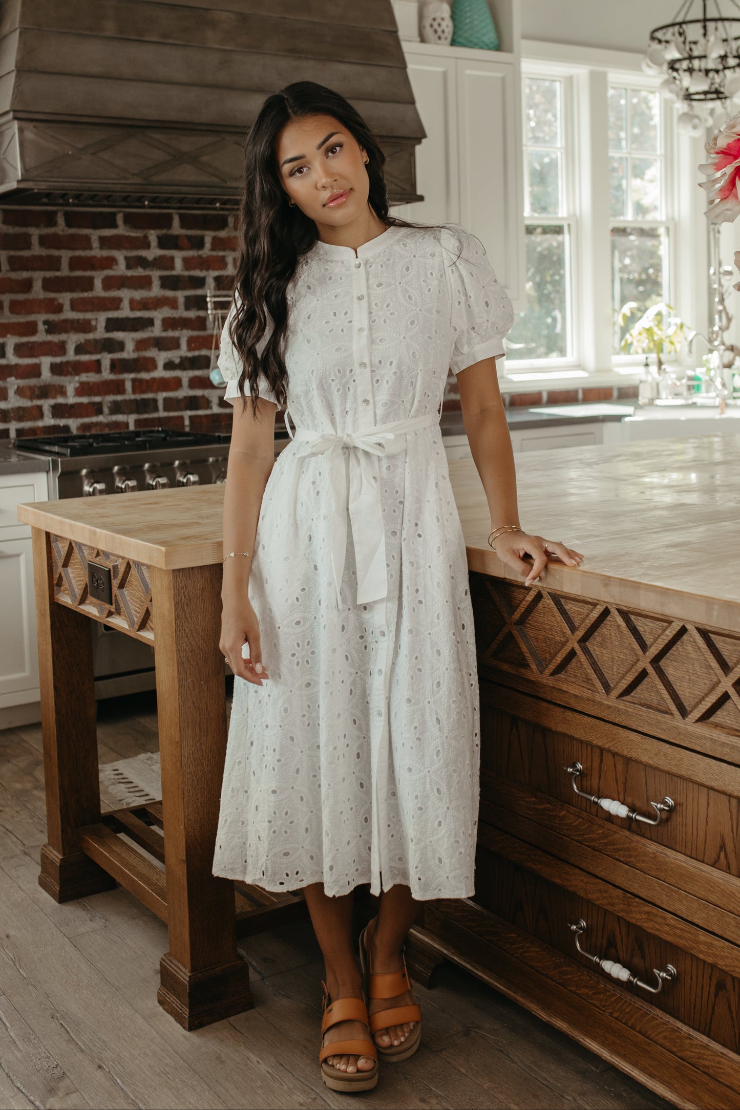 THE FAITH BUTTON DOWN EYELET MIDI DRESS