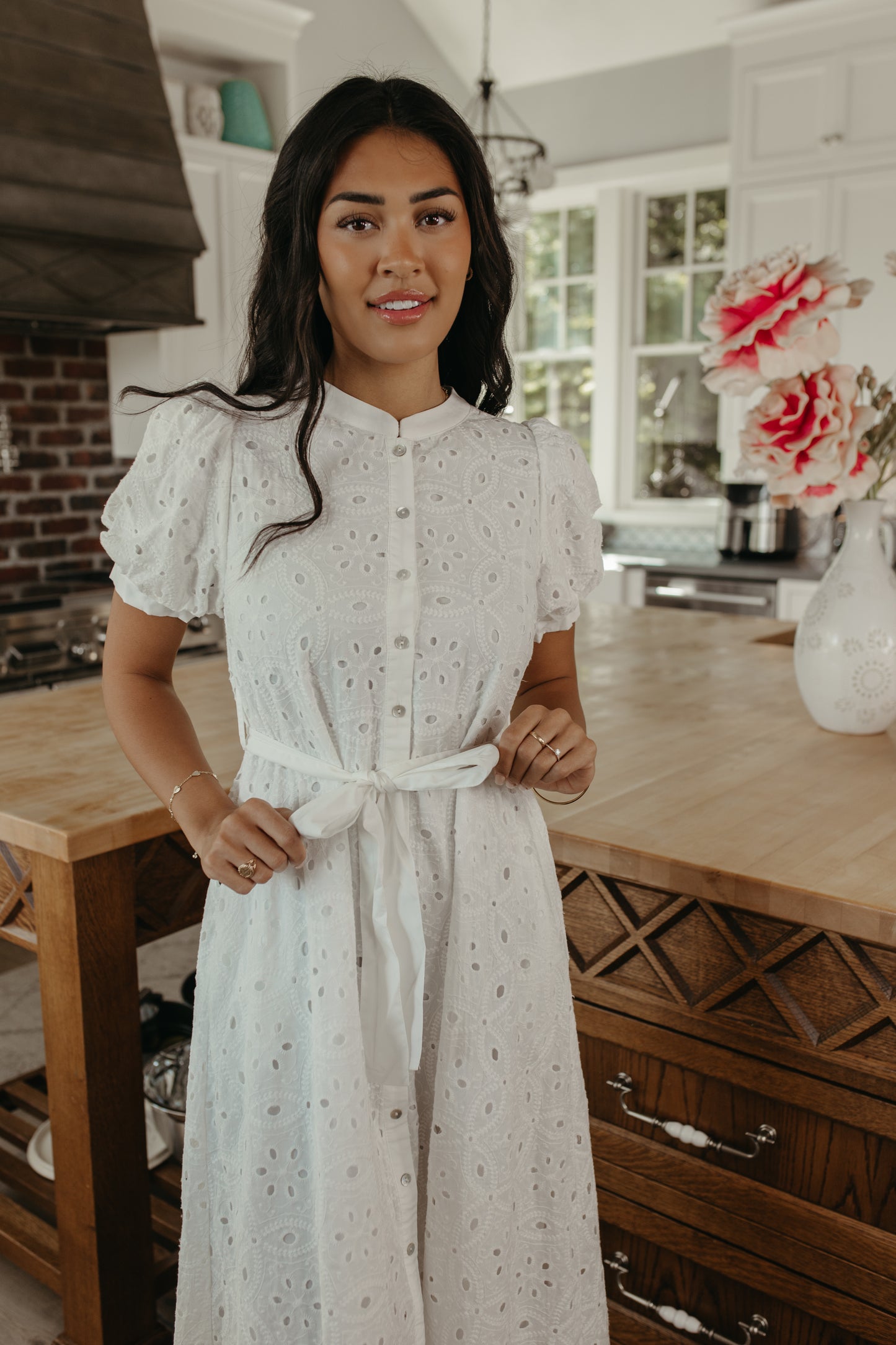 THE FAITH BUTTON DOWN EYELET MIDI DRESS