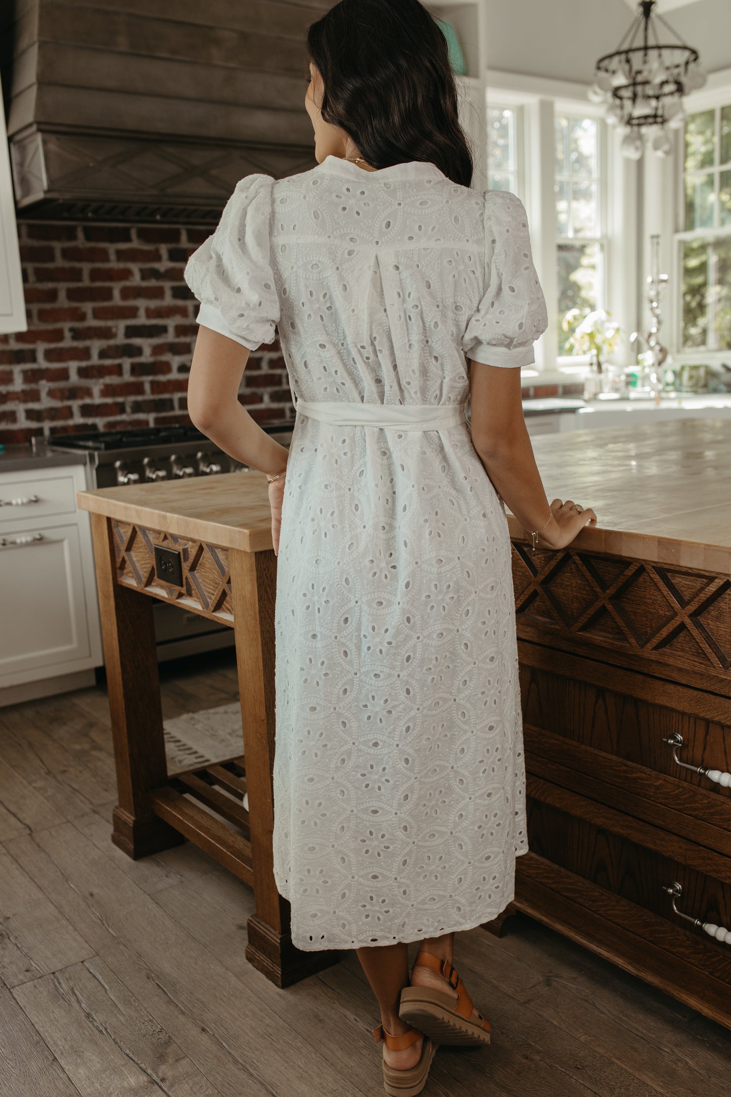 THE FAITH BUTTON DOWN EYELET MIDI DRESS