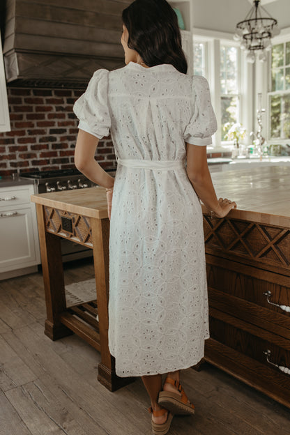 THE FAITH BUTTON DOWN EYELET MIDI DRESS