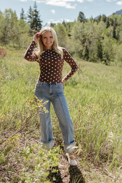 THE ROMINA POLKA DOT LONG SLEEVE KNIT TOP IN DARK BROWN