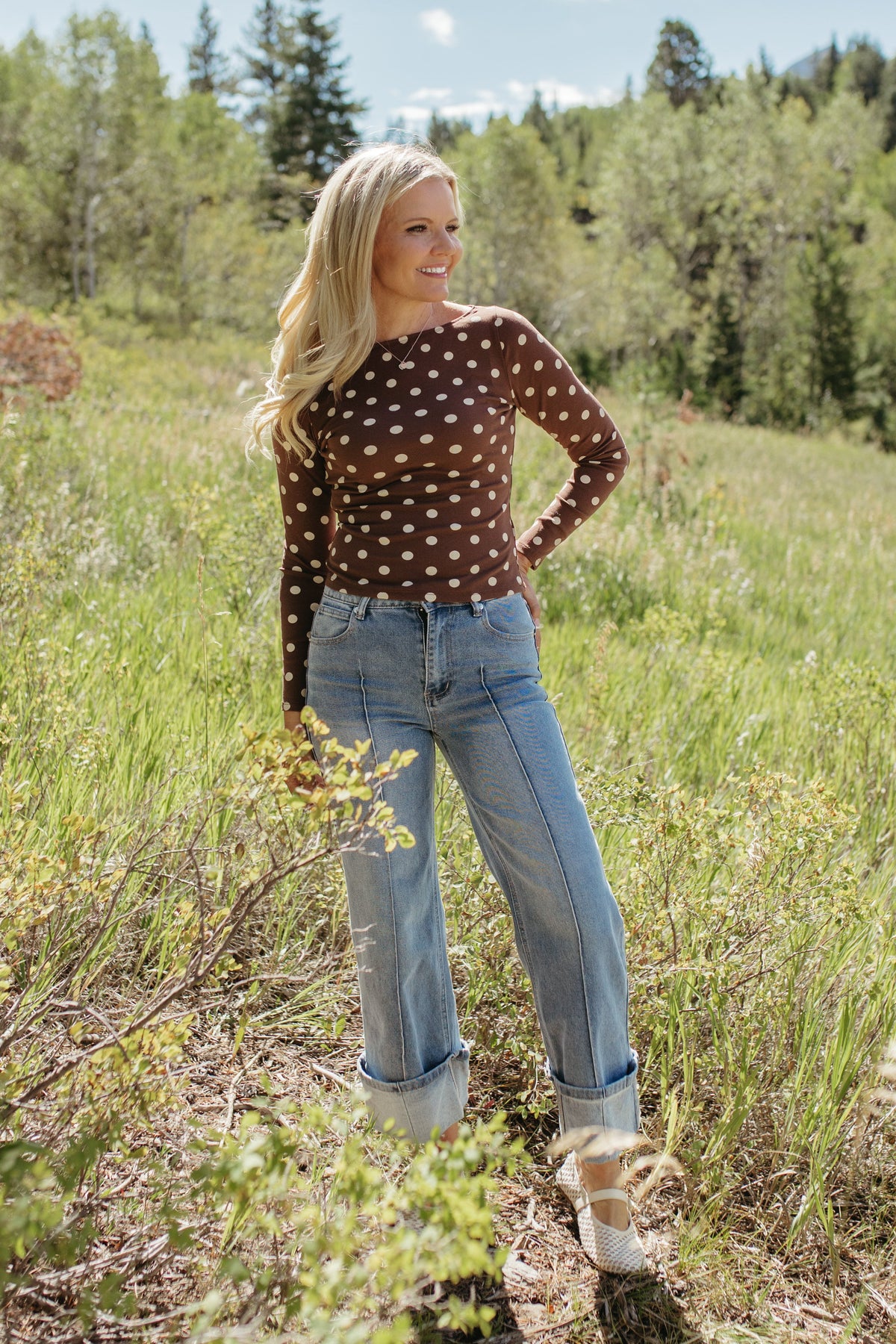 THE ROMINA POLKA DOT LONG SLEEVE KNIT TOP IN DARK BROWN