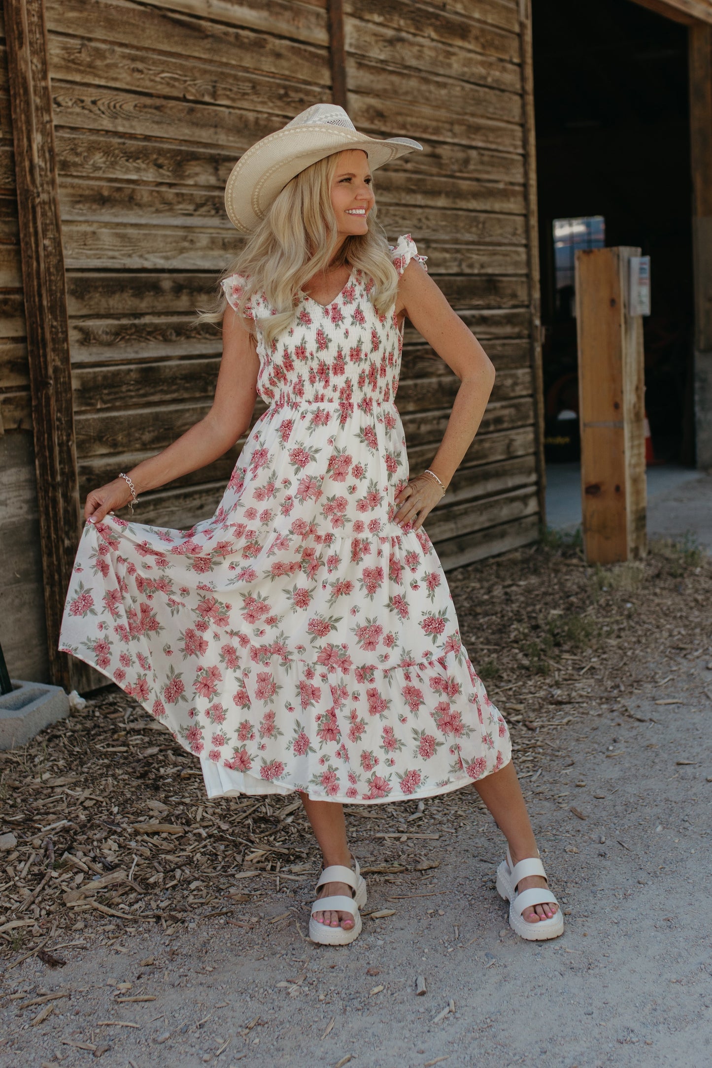 THE EMERIE FLORAL SMOCKED DRESS IN IVORY