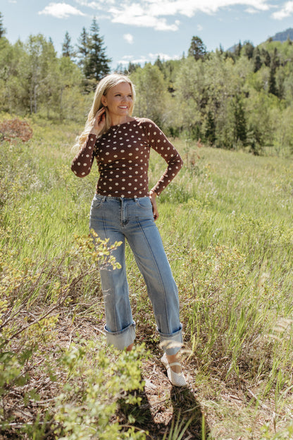 THE ROMINA POLKA DOT LONG SLEEVE KNIT TOP IN DARK BROWN