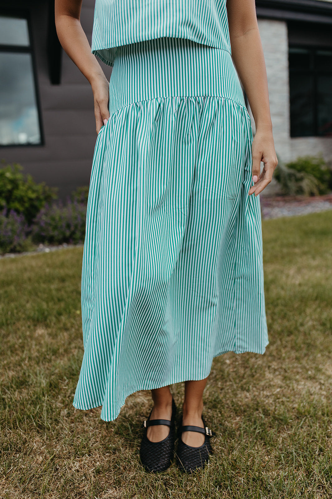 THE PRESLEY STRIPE MAXI SKIRT IN GREEN