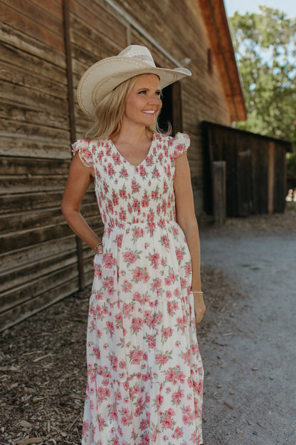 THE EMERIE FLORAL SMOCKED DRESS IN IVORY