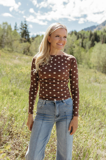 THE ROMINA POLKA DOT LONG SLEEVE KNIT TOP IN DARK BROWN