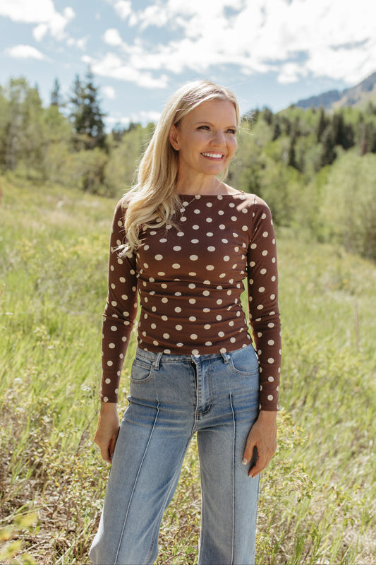 THE ROMINA POLKA DOT LONG SLEEVE KNIT TOP IN DARK BROWN