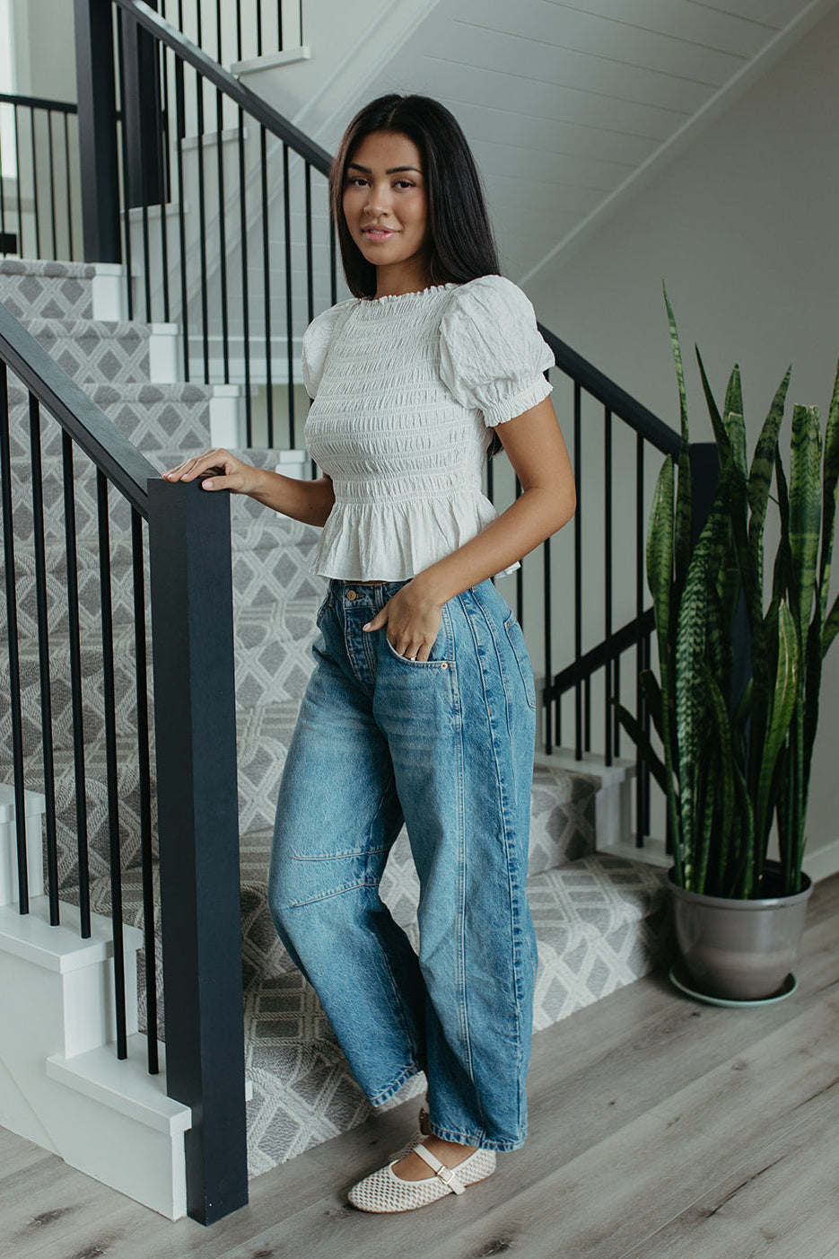 THE CAMILA PUFF SLEEVE SMOCKED TOP IN WHITE