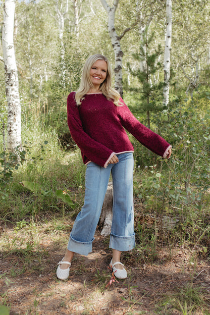 THE SIYA LONG SLEEVE KNIT SWEATER IN BURGUNDY