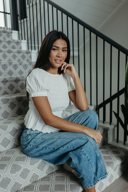THE CAMILA PUFF SLEEVE SMOCKED TOP IN WHITE