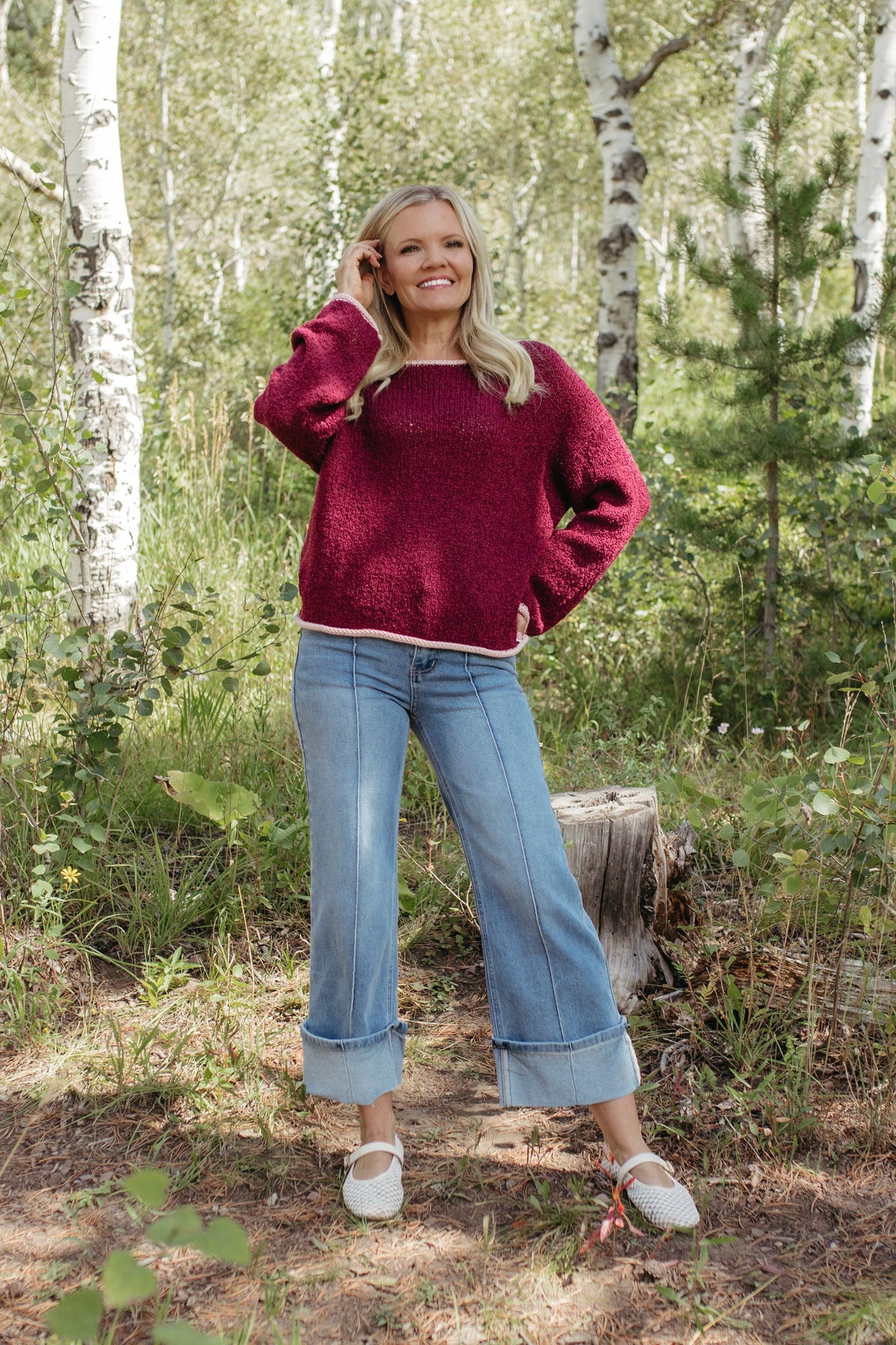 THE SIYA LONG SLEEVE KNIT SWEATER IN BURGUNDY