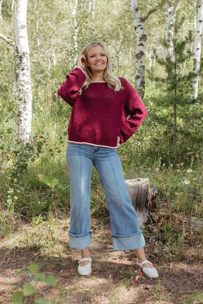 THE SIYA LONG SLEEVE KNIT SWEATER IN BURGUNDY