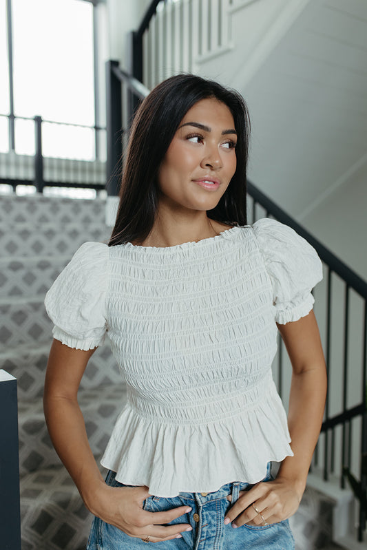 THE CAMILA PUFF SLEEVE SMOCKED TOP IN WHITE