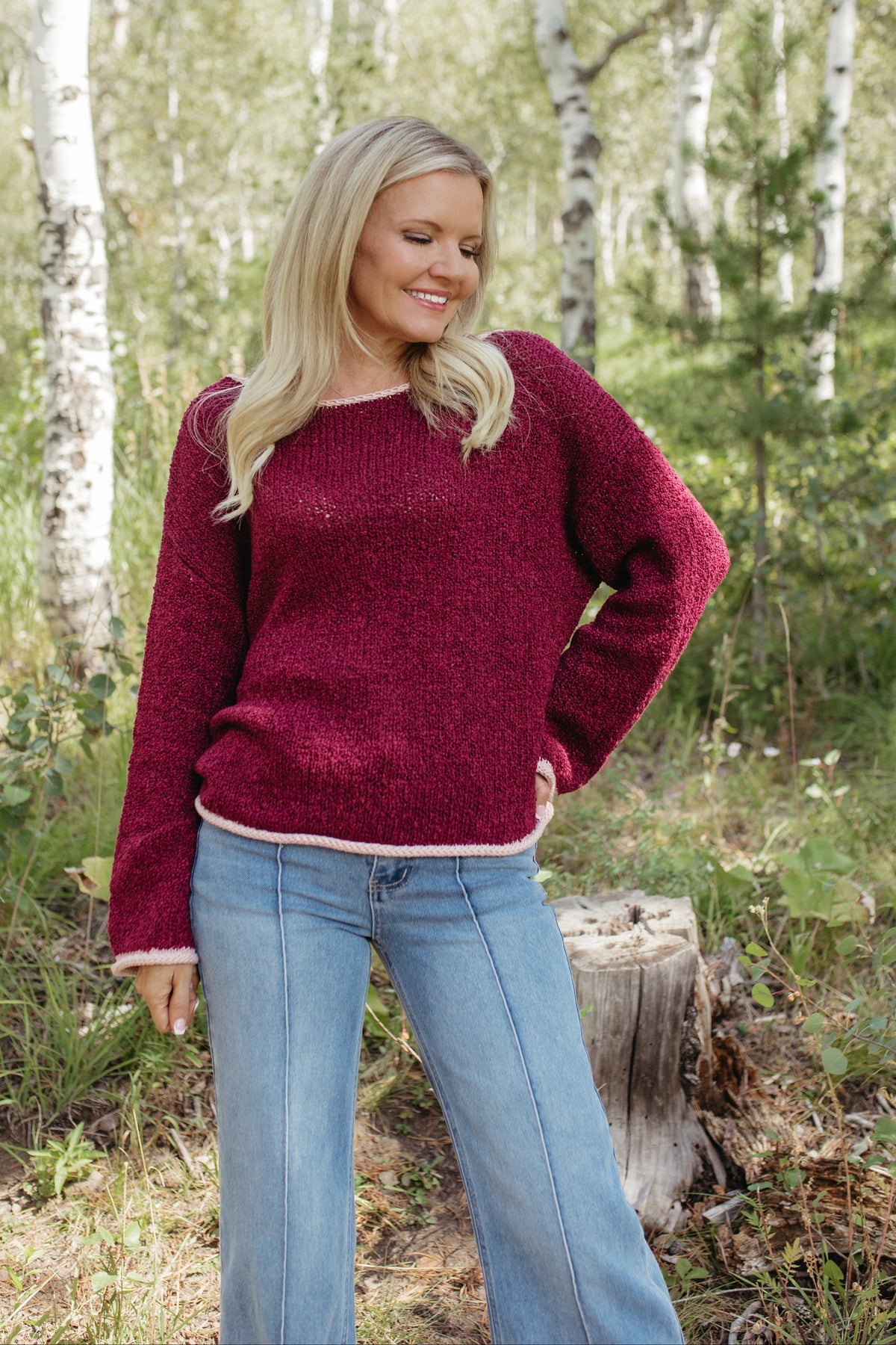THE SIYA LONG SLEEVE KNIT SWEATER IN BURGUNDY