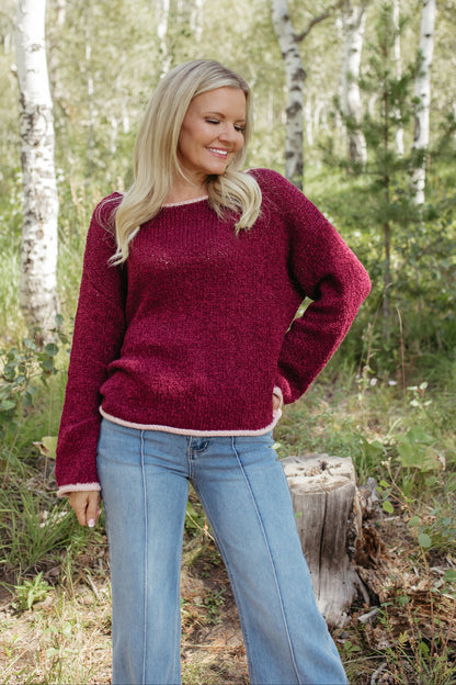 THE SIYA LONG SLEEVE KNIT SWEATER IN BURGUNDY