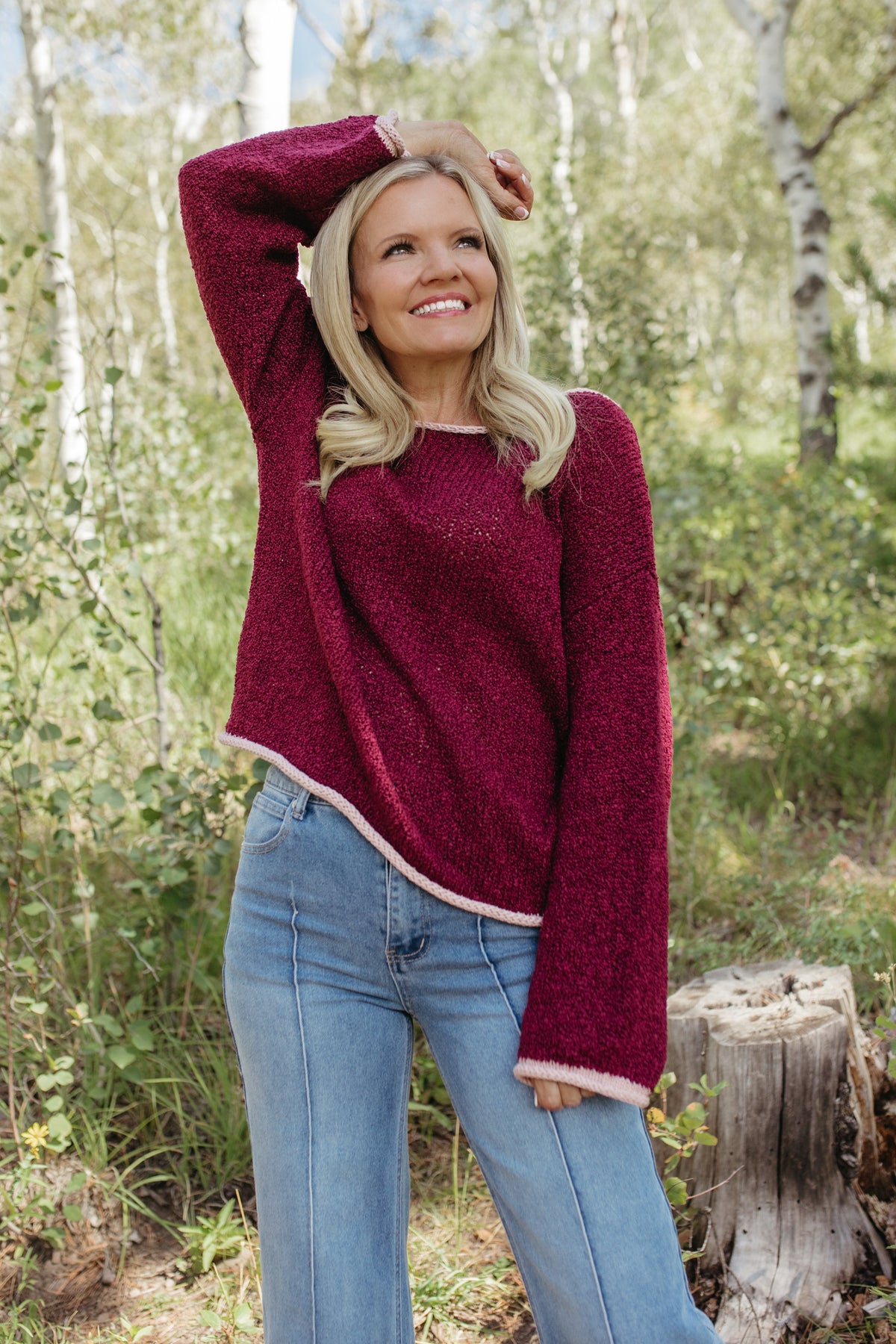 THE SIYA LONG SLEEVE KNIT SWEATER IN BURGUNDY