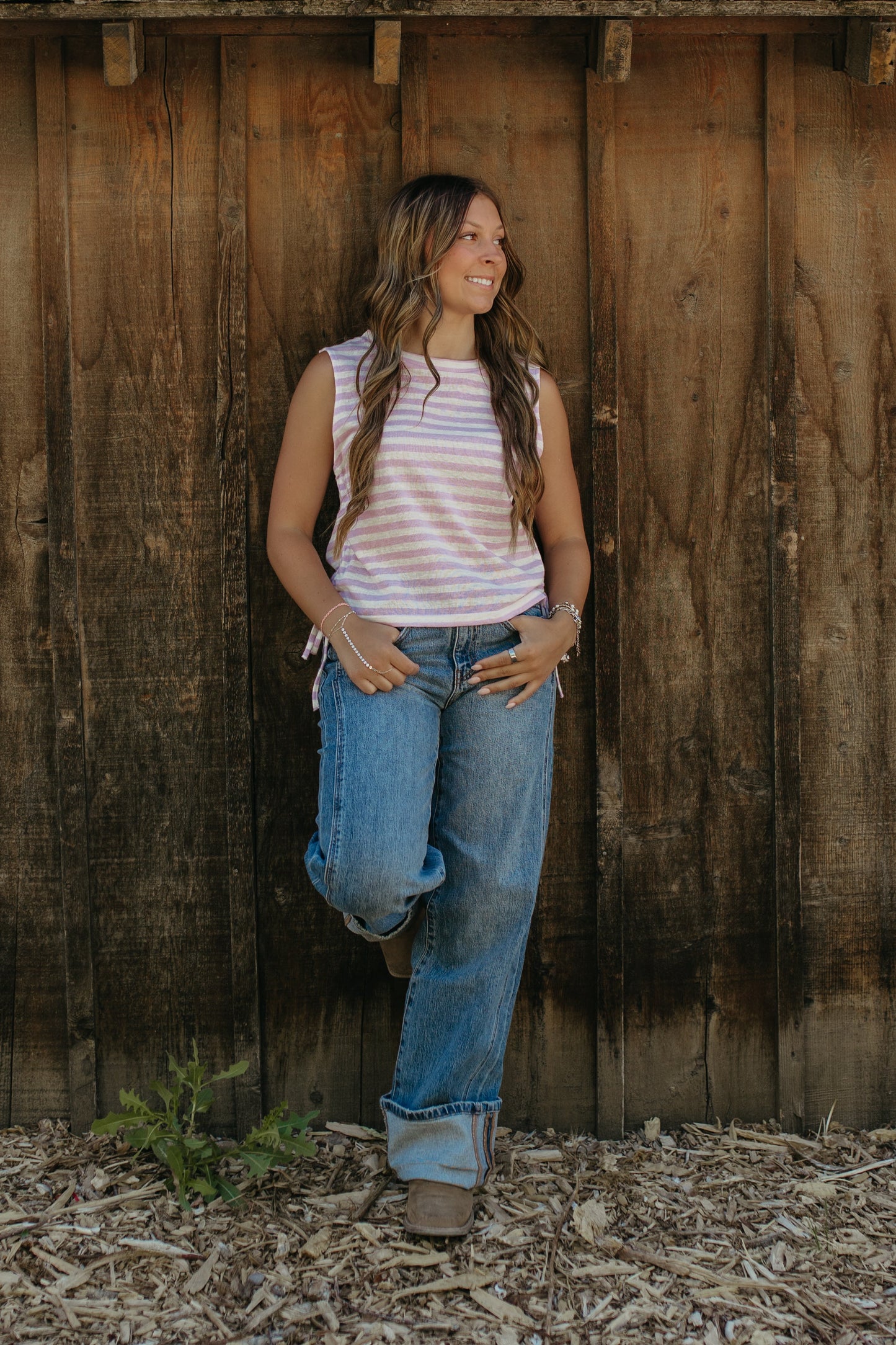 THE NOVALEE STRIPE RUCHED KNIT TOP IN LILAC