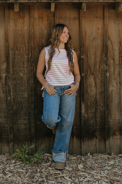 THE NOVALEE STRIPE RUCHED KNIT TOP IN LILAC