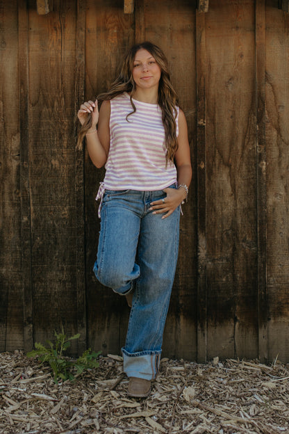 THE NOVALEE STRIPE RUCHED KNIT TOP IN LILAC