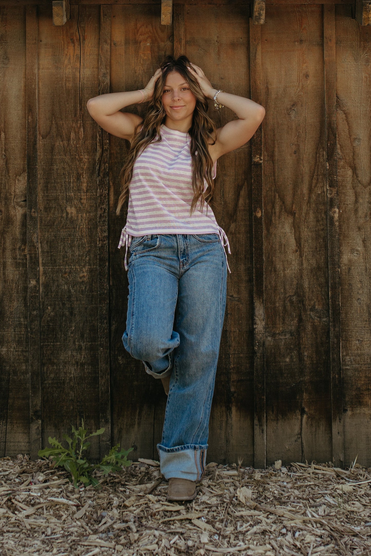 THE NOVALEE STRIPE RUCHED KNIT TOP IN LILAC