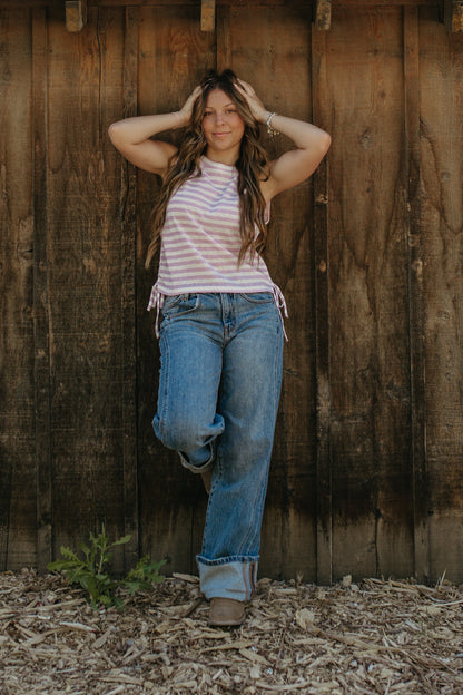 THE NOVALEE STRIPE RUCHED KNIT TOP IN LILAC