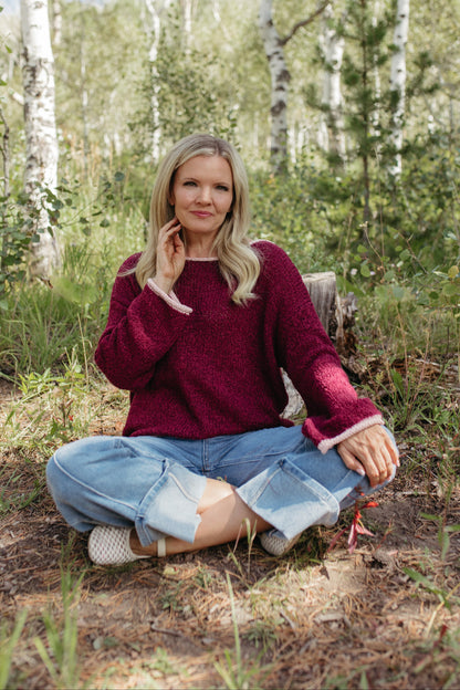 THE SIYA LONG SLEEVE KNIT SWEATER IN BURGUNDY