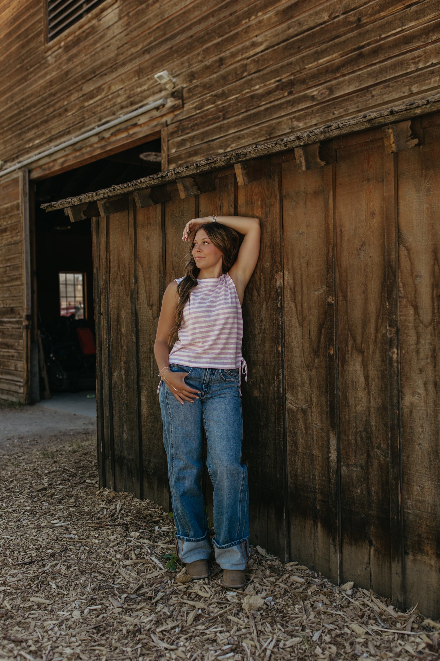 THE NOVALEE STRIPE RUCHED KNIT TOP IN LILAC
