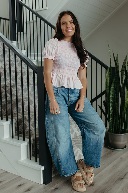 THE CAMILA PUFF SLEEVE SMOCKED TOP IN PINK