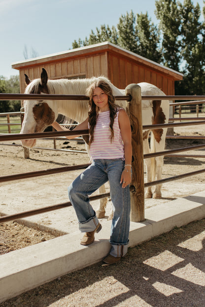 THE NOVALEE STRIPE RUCHED KNIT TOP IN LILAC