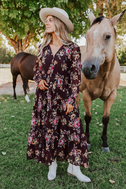 THE FALL TIME FLORAL MAXI DRESS IN WINE