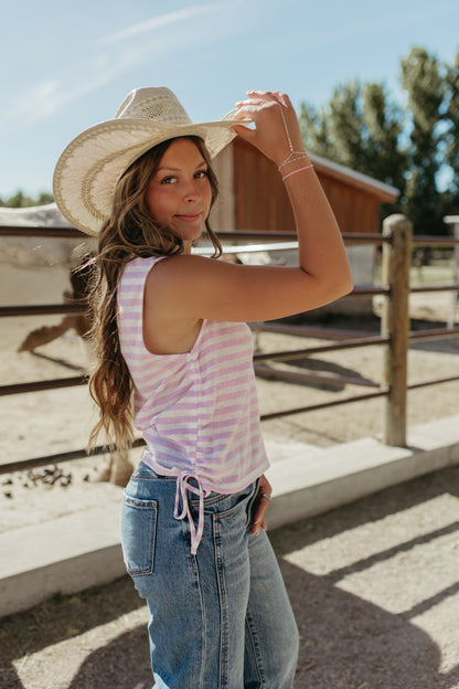 THE NOVALEE STRIPE RUCHED KNIT TOP IN LILAC