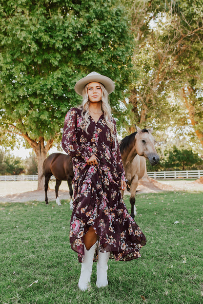 THE FALL TIME FLORAL MAXI DRESS IN WINE