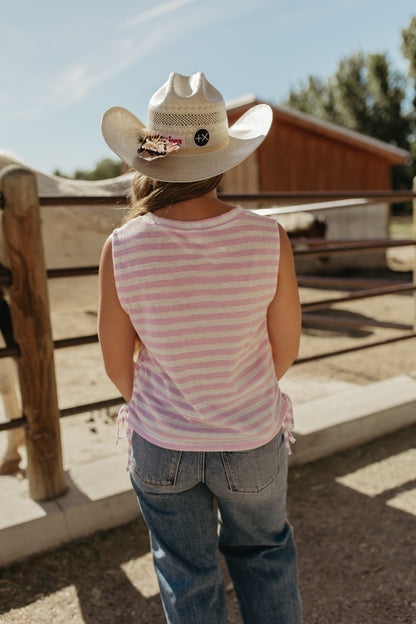 THE NOVALEE STRIPE RUCHED KNIT TOP IN LILAC