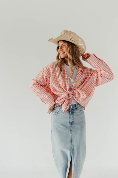 THE GEORGIA GINGHAM BUTTON UP TOP IN PALE PINK