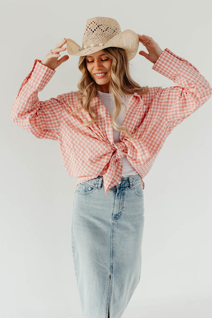 THE GEORGIA GINGHAM BUTTON UP TOP IN PALE PINK
