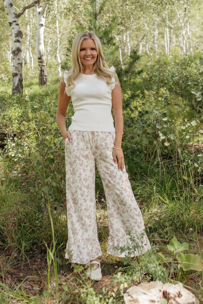 THE NAOMI FLORAL WIDE LEG PANTS IN IVORY