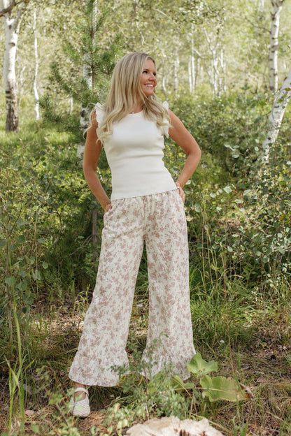 THE NAOMI FLORAL WIDE LEG PANTS IN IVORY